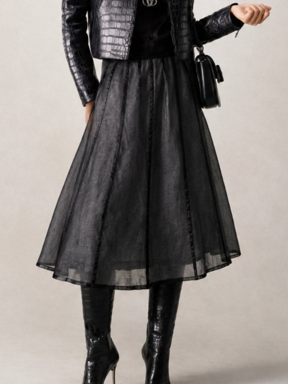 Black Sheer Midi A-Line Skirt White Lining Size M Dark Romance